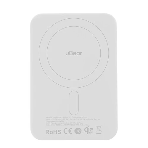 Внешний аккумулятор uBear Strike Power bank 5 000 mAh, PD30W, Qi2.2, белый
