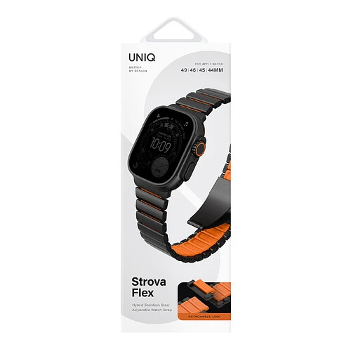 Uniq для Apple Watch 49/46/45/44 mm ремешок Strova Flex Steel Band Black/Volt Orange