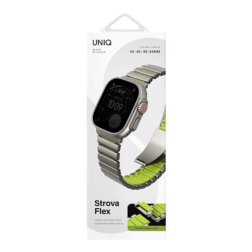 Ремешок Uniq для Apple Watch 49/46/45/44 mm Strova Flex Steel Band Titanium Silver/Lime Green