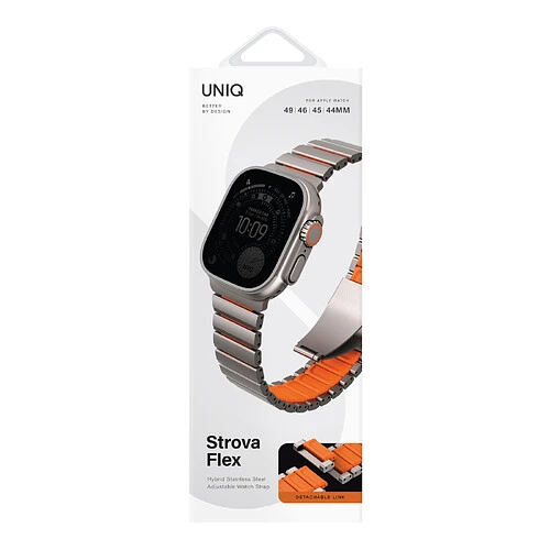 Uniq для Apple Watch 49/46/45/44 mm ремешок Strova Flex Steel Band Titanium Silver/Volt Orange