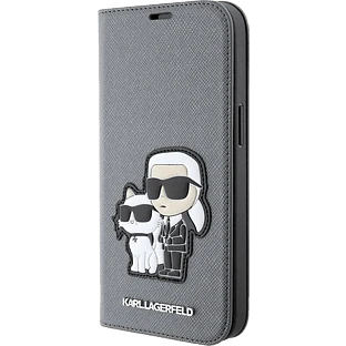 Lagerfeld для iPhone 13 Pro чехол PU Saffiano NFT Karl & Choupette Booktype Silver