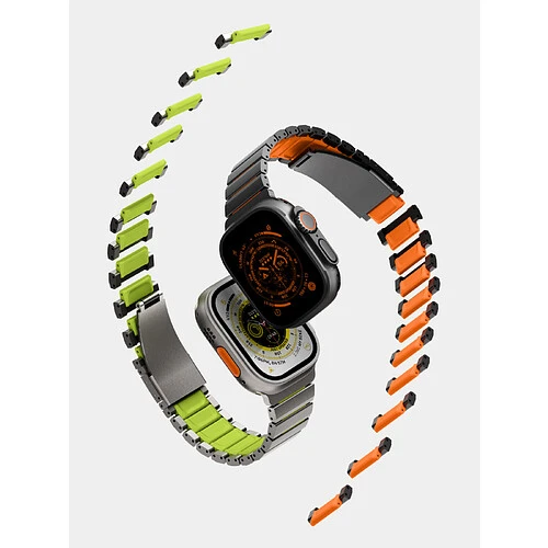 Uniq для Apple Watch 49/46/45/44 mm ремешок Strova Flex Steel Band Titanium Silver/Volt Orange