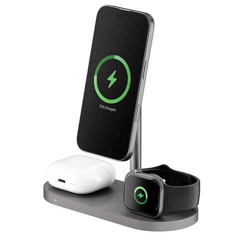 Беспроводное зарядное устройство uBear Stage Ultra, 3-в-1, с поддержкой MagSafe, Qi2.2 (35W), серый космос