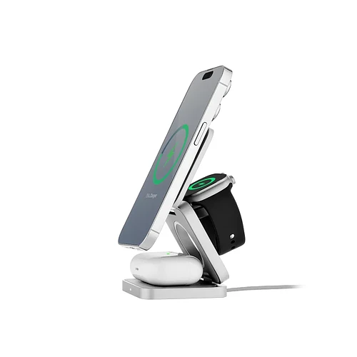 Беспроводное зарядное устройство uBear Balance Ultra, 3-в-1, с поддержкой MagSafe, Qi2, серебристый